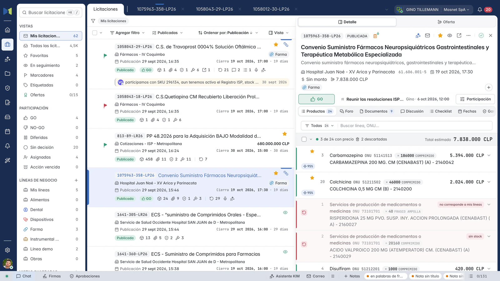 Ficha de 1075963-358-LP26 en Masnet, junto a la lista de licitaciones, con sus líneas de productos, el porcentaje de similitud de cada una y las descartadas.