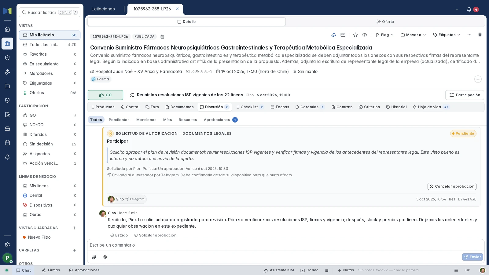 Solicitud documental de Pier a Gino, pendiente y enviada por Telegram, con la respuesta de Gino en el mismo hilo.